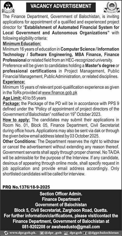 The Finance Department Government Of Balochistan Jobs 2025