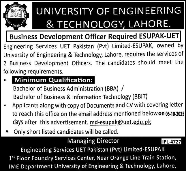 University of Engineering & Technology , Lahore  Jobs 2025