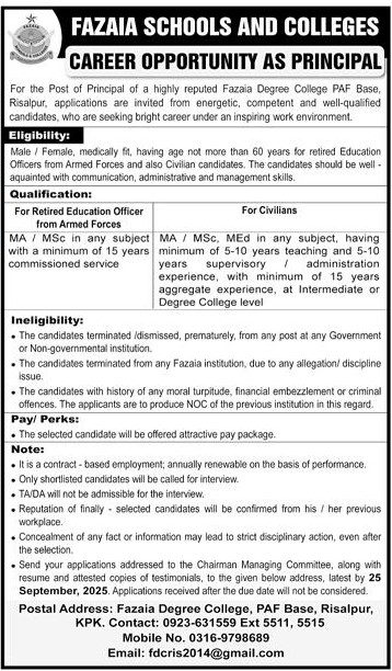 Fazaia School And Colleges Jobs 2025
