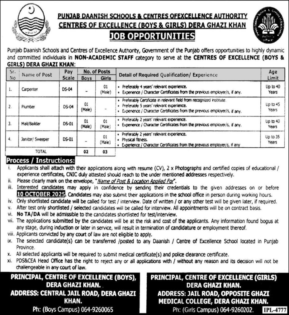Punjab Daanish School & Centres of Excellence Authority Jobs 2025