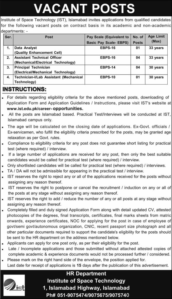 Institute of Space Technology , Islamabad Jobs 2025