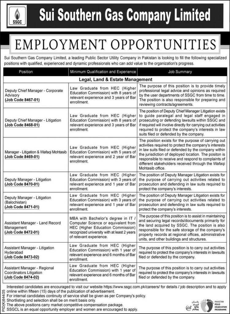 Sui Southern Gas Company Limited Jobs 2025