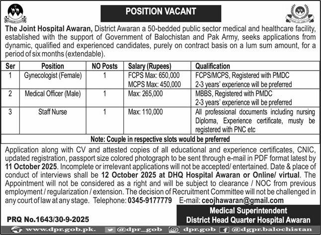 The Joint Hospital Awaran Jobs 2025