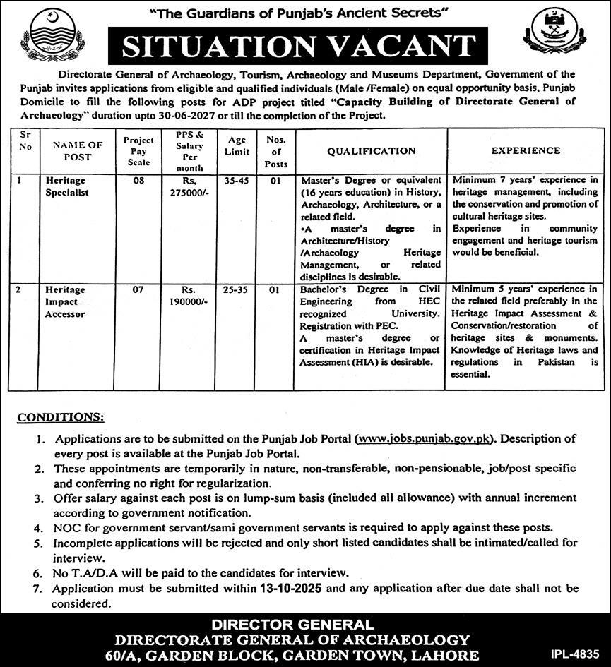 Directorate General of Archaeology , Tourism  , Archaeology and Museums Department Jobs 2025
