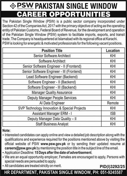 The Pakistan Single Window Jobs 2025