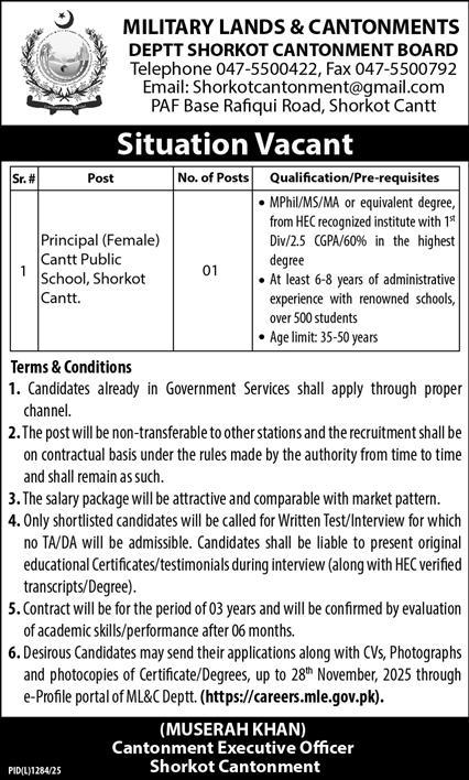 Military Lands & Cantonments Jobs 2025