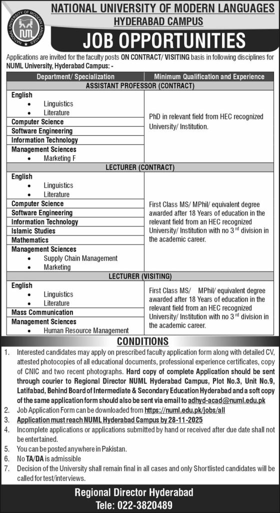 National University of Modern Languages Jobs 2025