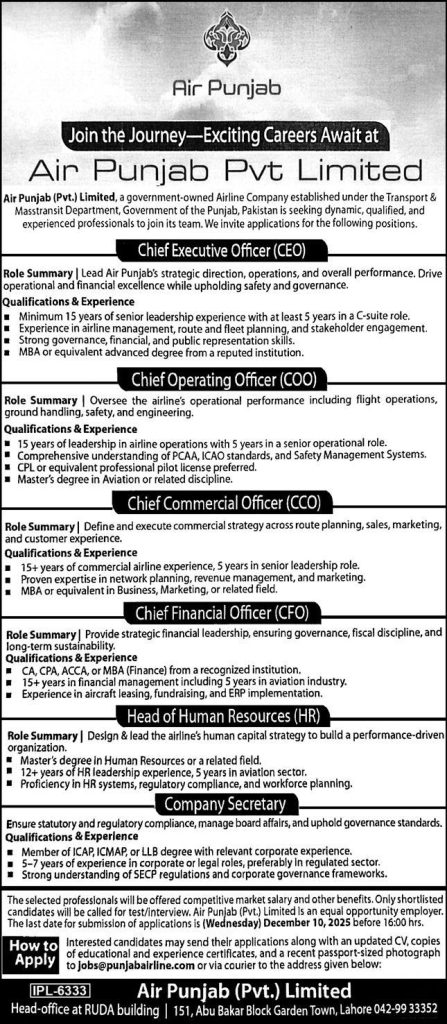 Air Punjab Pvt Limited Jobs 2025