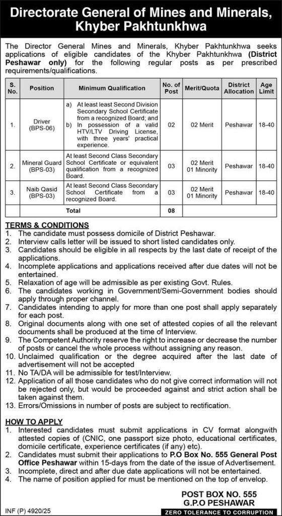 Directorate General Mines and Minerals Khyber Pakhtunkhwa Jobs 2025