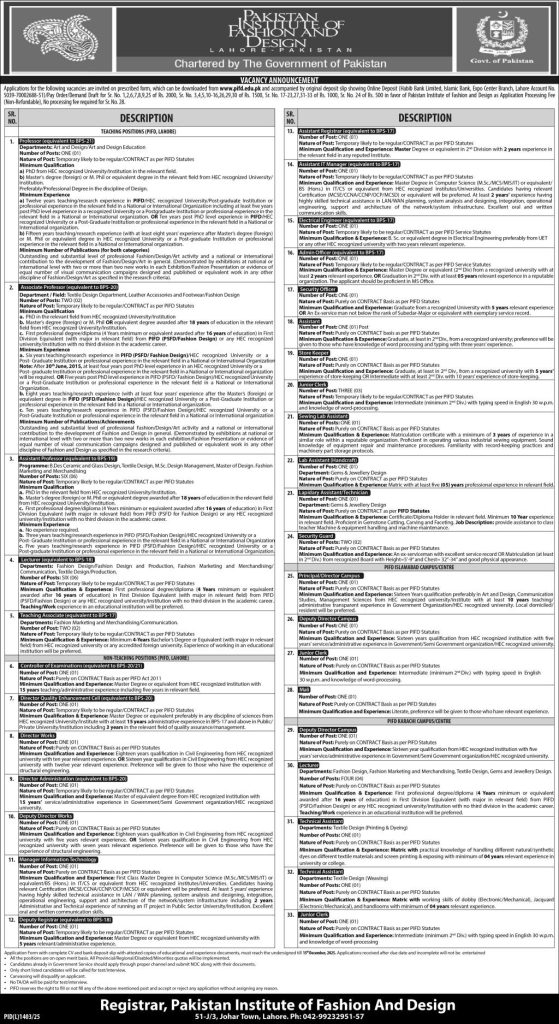 Pakistan Institute of Fashion and Design Jobs 2025