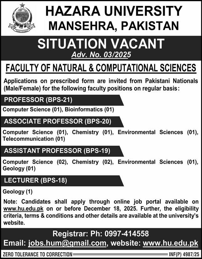 Hazara University Mansehra , Pakistan Jobs 2025