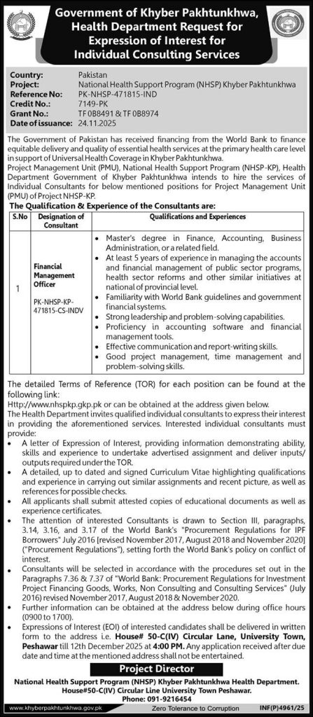 Health Department Government of Khyber Pakhtunkhwa Jobs 2025
