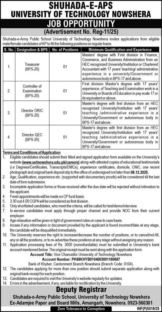 Shuhada-e-Army Public School University of Technology Jobs 2025