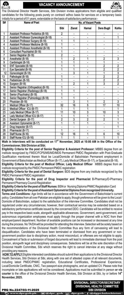 Sibi Divisional Health Services Jobs 2025